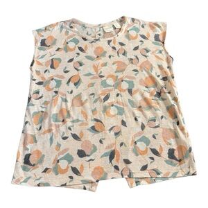 Rachel Zoe Patterned Linen Top Back Button Down Hi Lo Cap Sleeve Top Size Large